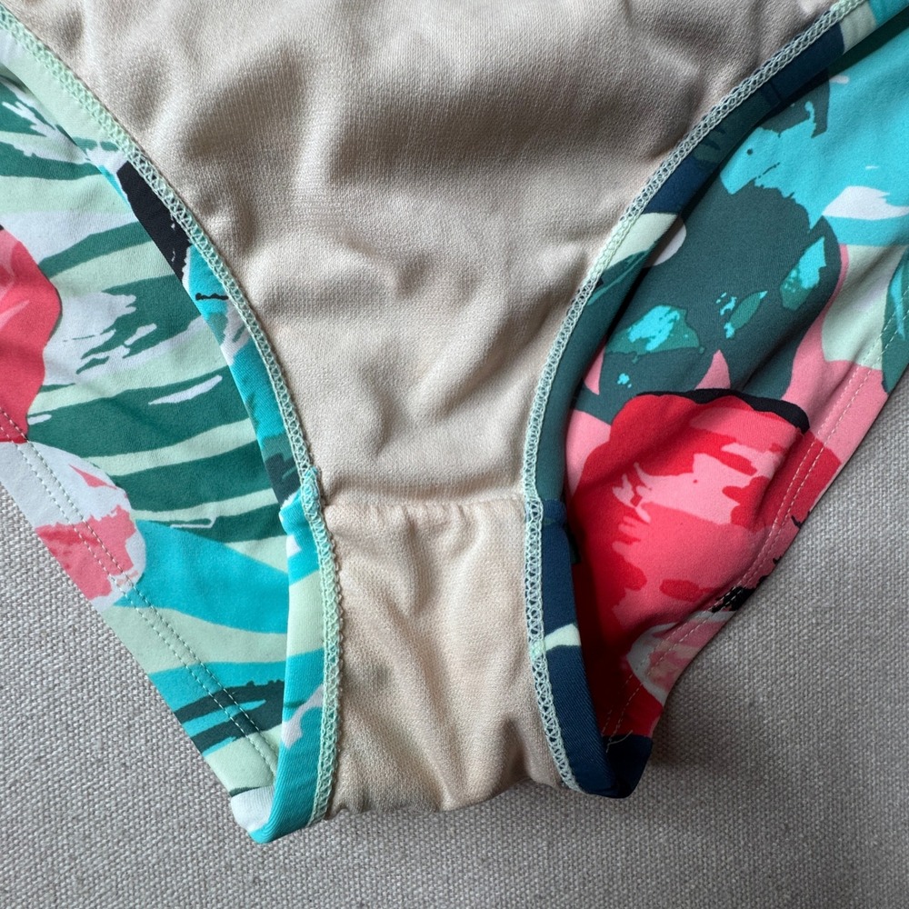Kona Sol Womens XL Tropical Floral One Piece Swimsuit Teal Pink VNeck Cross Back - Picture 6 of 9